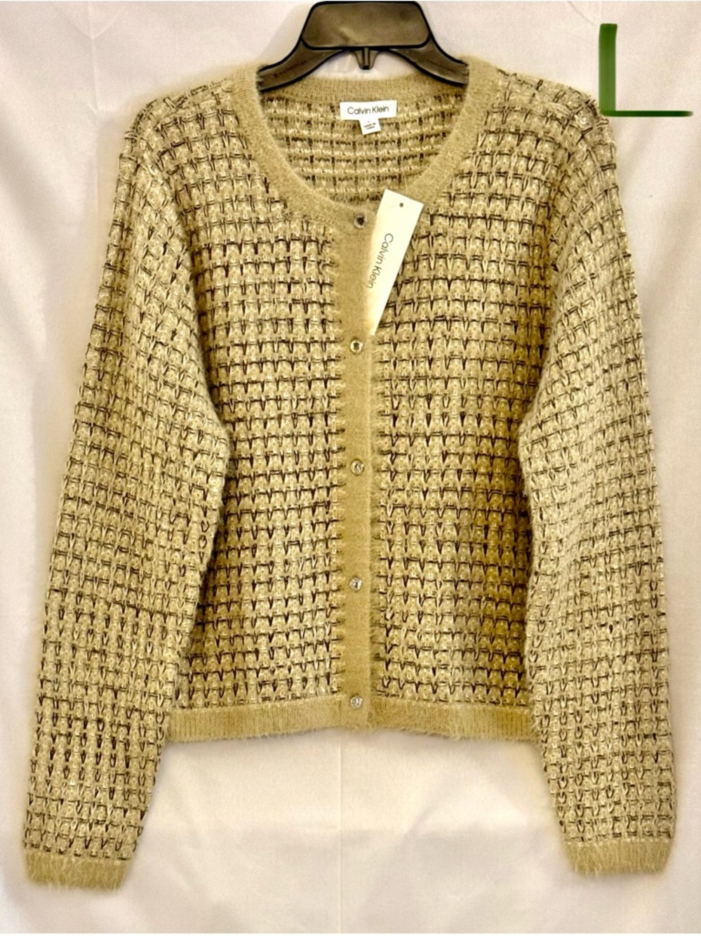 Calvin Klein Beige Tan Textured Button-Front Cardigan